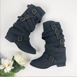 Just Fab slouchy buckle and strapped black boots